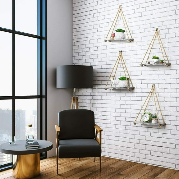 Set of 4 Wood Hanging Floating Shelves Wall Swing Rope Shelves DIY Plant Rack