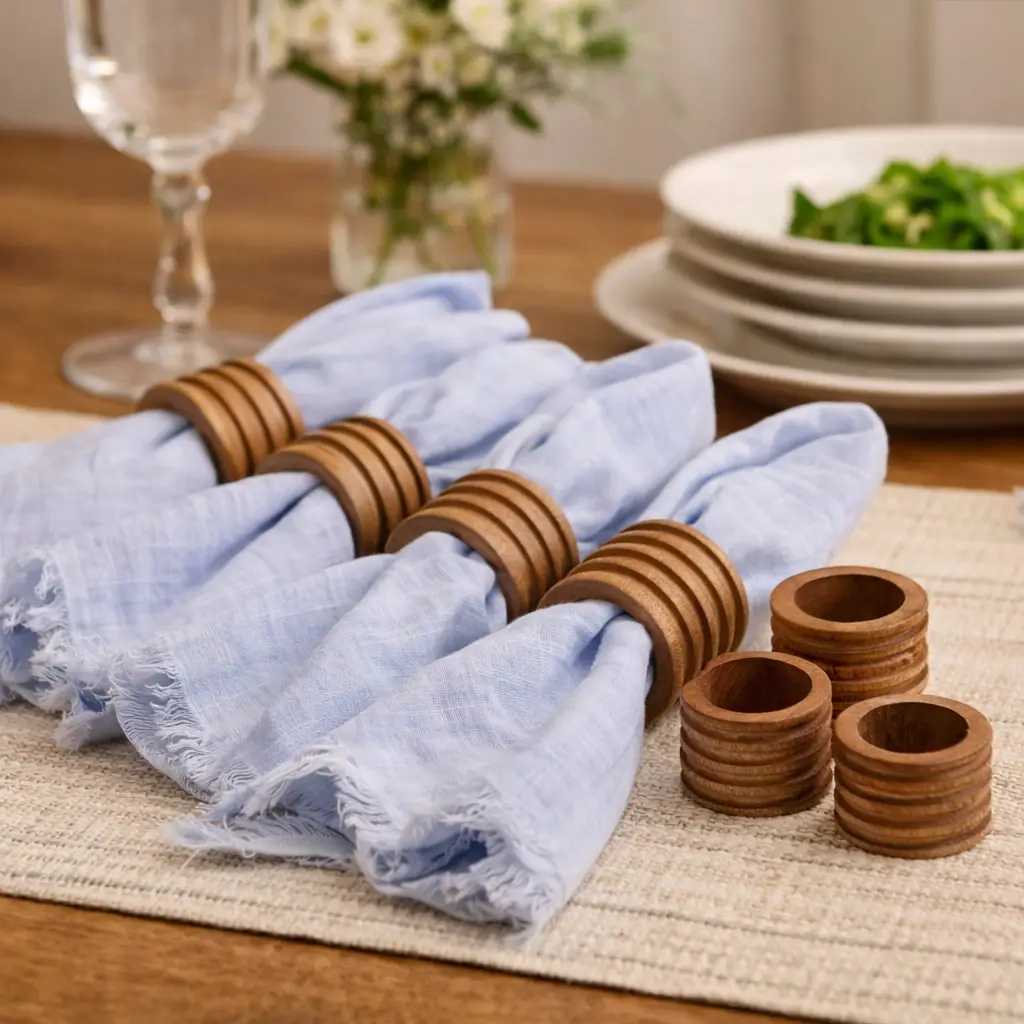 Set of 4 Wooden Napkin Rings for Dining