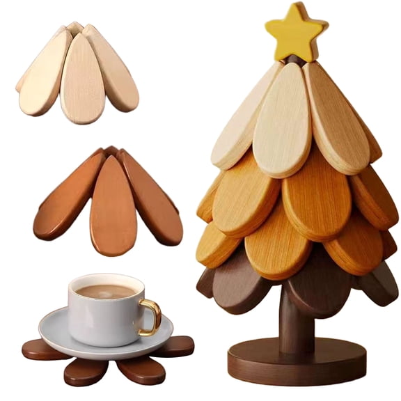 Set of 4 Wooden Tree Trivets for Hot Dishes, Foldable Wood Trivet Mats for Bowls, Teapots and Plates, Tabletop Heat Protection and Home Decor