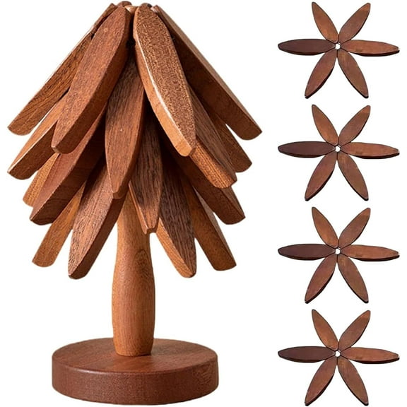 Set of 4 Wooden Trivets for Hot Dishes - Foldable Tree Shape Walnut Wood Table Mats, Heat Resistant