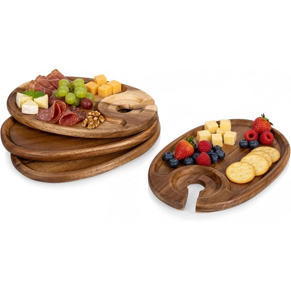 Set of 4 Wooden Wine Appetizer Plates with Glass Holder - Mini Charcuterie Boards for Wine & Cheese Parties, Oval Acacia Wood Serving Trays