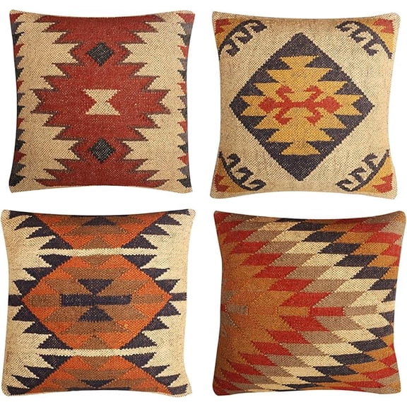 Set of 4 Wool Jute Vintage Kilim Cushion Covers,Home Decor Pillowcases Handwoven Turkish Pillow Decorative Throw Pillow Covers (Multicolor-6)