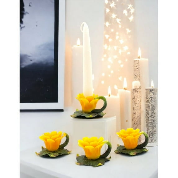 Set of 4 Yellow Ceramic Daisy Flower Candle Holders 3 Inch