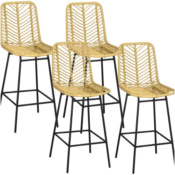 Set of 4 Yellow Kitchen Bar Stools, 26" Counter Height Rattan Stools with Wicker Seat, Boho Style Backrest and Steel Frame