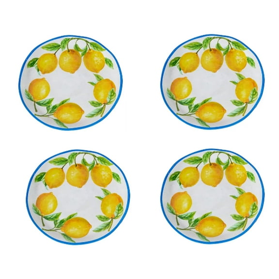 Set of 4 Yellow Lemon Melamine Dinner Plates Dinnerware 11 inch Trimmed in Blue Real Living