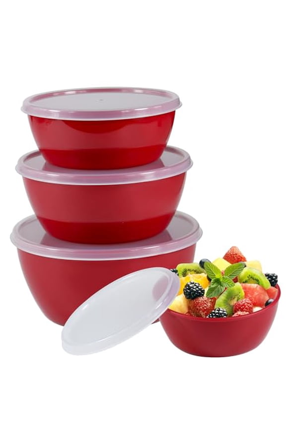 Set of 4,lassic Plastic Prep Bowls with Lids, 8/16/24/32 ounces, Microwave and Dishwasher Safe (Red)