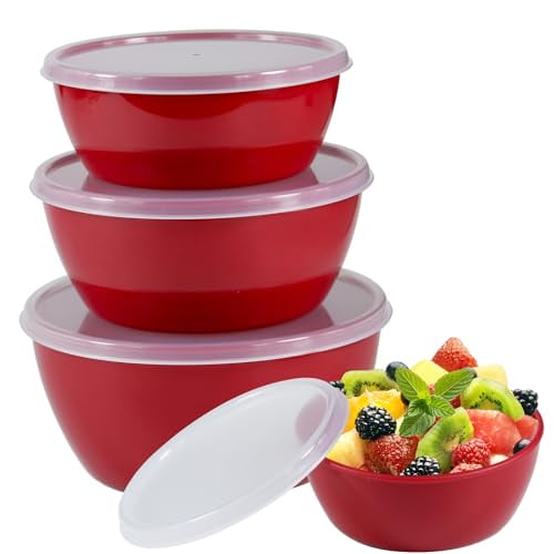 Set of 4,lassic Plastic Prep Bowls with Lids, 8/16/24/32 ounces, Microwave and Dishwasher Safe (Red)