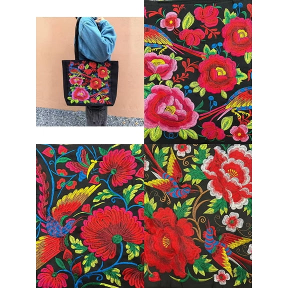 Set of 4 x Embroidered Women's Shoulder Bag Receptor Embroidered Canvas Casual Bag