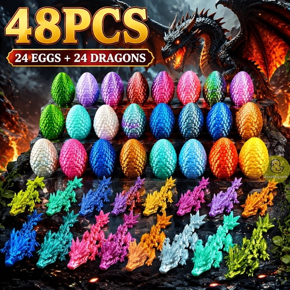 Set of 48 Assorted 3D Printed Mini Dragon & Dragon Egg Statues, Collectible Figurines for Home Office Living Room Decor, Festival Party Small Gifts