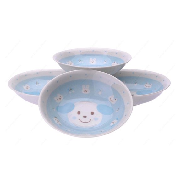 , Set of 4M.V. Trading MV0314A/BL Japanese Round Deep Soup Plate Bowl with Puppy Design, 6-Inch, Blue, Set of 4