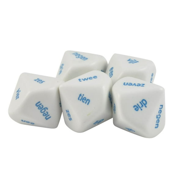 Set of 5 - 10 Sided Dutch Word Numbers Dice 1 to 10 White & Blue in Snow Organza Bag