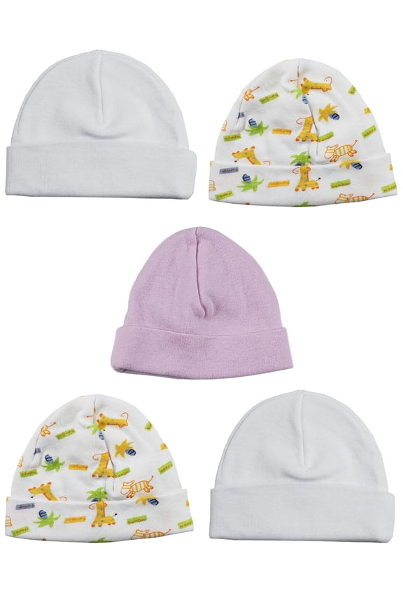 Set of 5 8" White, Yellow, and Purple Giraffe Pattern Whimsical Girls' Beanie Baby Cap