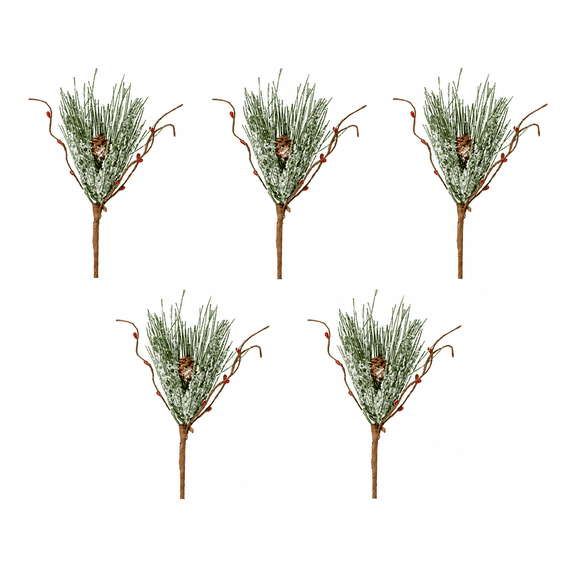 Factory Direct Craft Artificial 12" Long Snowy Pines with Red Pip Berries Set of 5