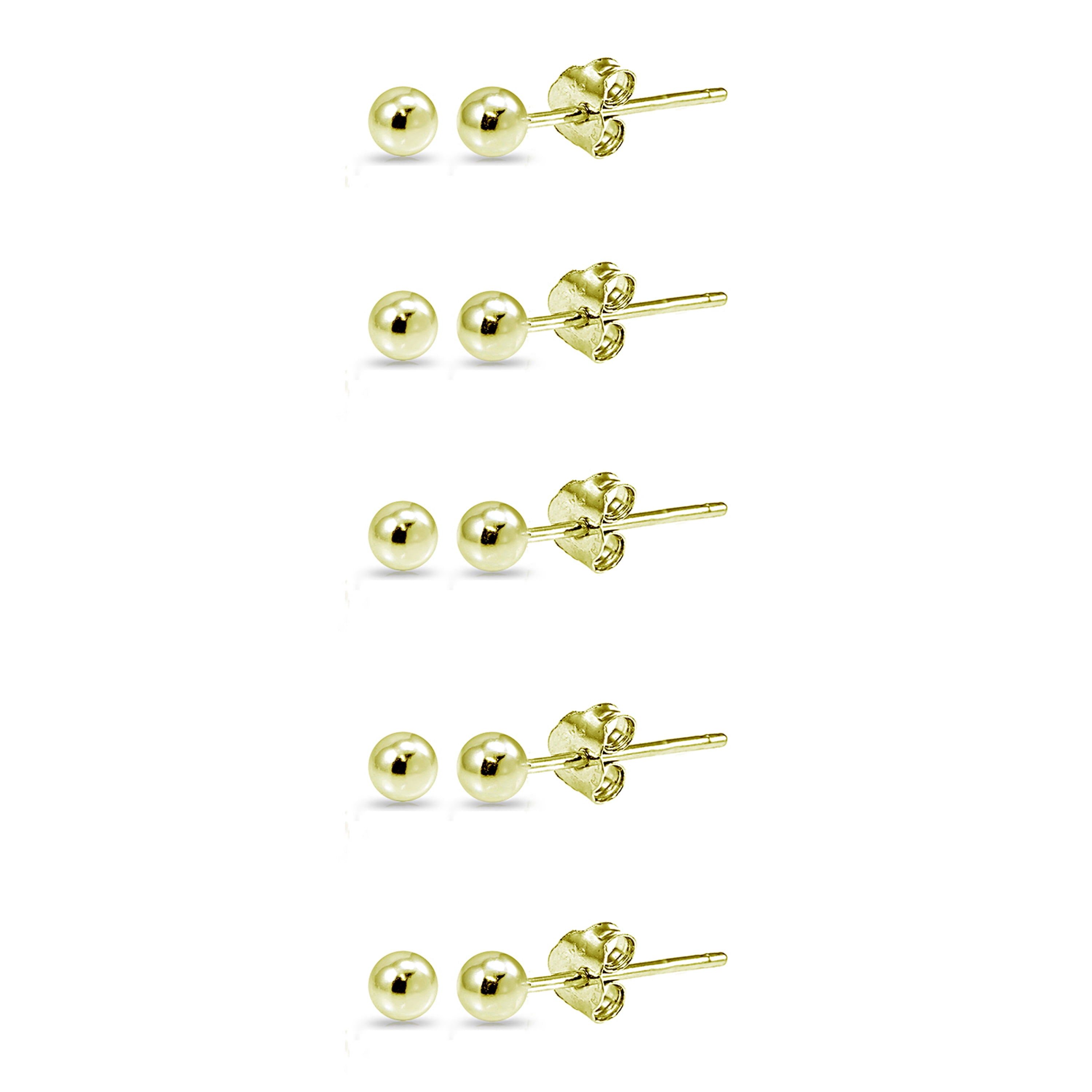 Set of 5 Ball Bead 2mm Stud Earrings in Gold Flash 925 Sterling