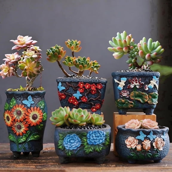 Set of 5 Blue Classic Ceramic Succulent Planter Pots in Mixed Shapes