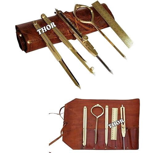 Set of 5 Brass Drafting Tool 8" Marine Navigational Proportional Divider Compass W/Leather Case Rustic Vintage Home Decor Gifts