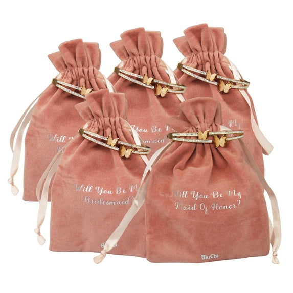 Set of 5 Bridal Party Proposal Pouch with Butterfly Bracelet - 4 Bridesmaids & 1 Maid of Honor - Rose Gold