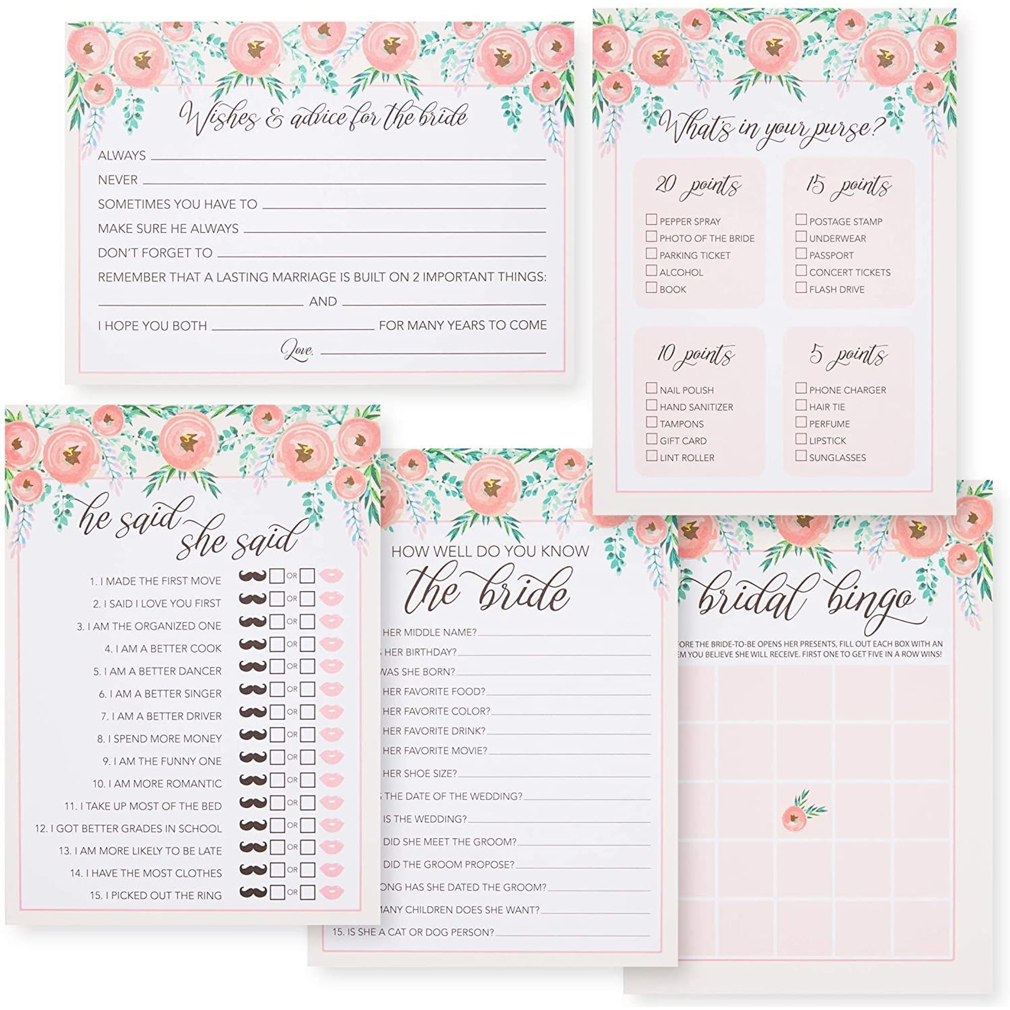 bridal-shower-games-set-for-50-guests-bachelorette-engagement-party-activities-rustic-pink-floral-design-walmart-com