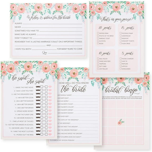 Set of 5 Bridal Shower Games for 50 Guests, Wedding and Engagement Party Activities, Pink Floral