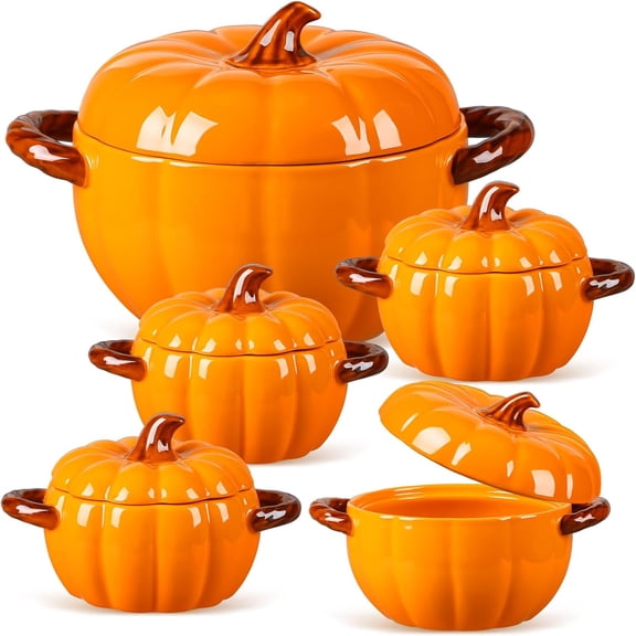 Set of 5 Ceramic Pumpkin Bowls with Lid and Handles, Orange