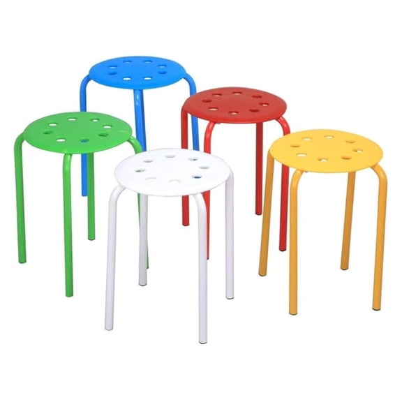 Set of 5 Classroom Stackable Stools Plastic Stack Stools Blue/Green/Red/White/Yellow Bar Stools Set 17.3in Height