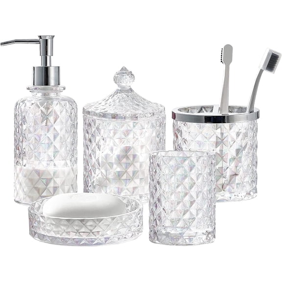 Set of 5 Glass Bathroom Accessories Set Include Soap Dispenser & Tumbler & Soap Dish & Toothbrush Holder