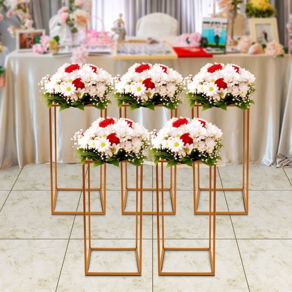 Set of 5 Gold Metal Wedding Flower Stands, 23.6in Geometric Column Racks for Party Centerpieces, Floor Standing Decorative Vases Holders