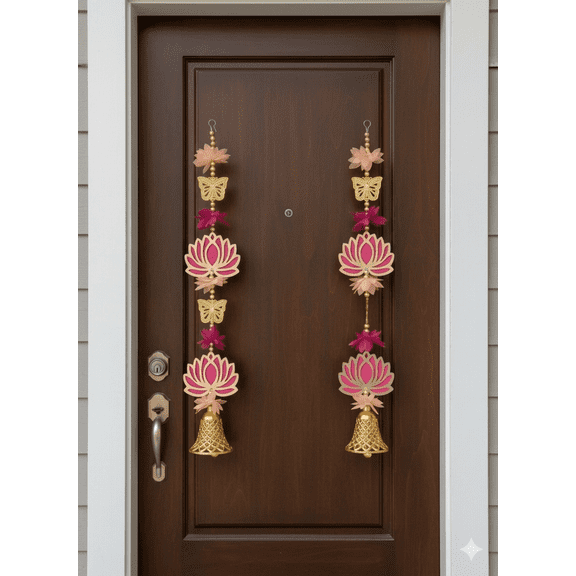 Indian store01 Gold and Pink Handmade Lotus and Butterfly Door Hangings with Bells, 16 inch, Set of 5