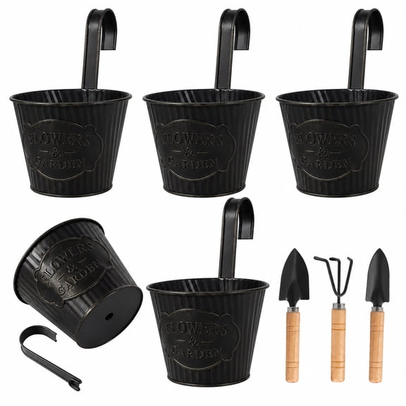 Set of 5 Hanging Flower Pots 5" Metal Balcony Planters for Herb Succulent, Samll Railing Fence Hanging Bucket for Outdoor/Indoor Decoration