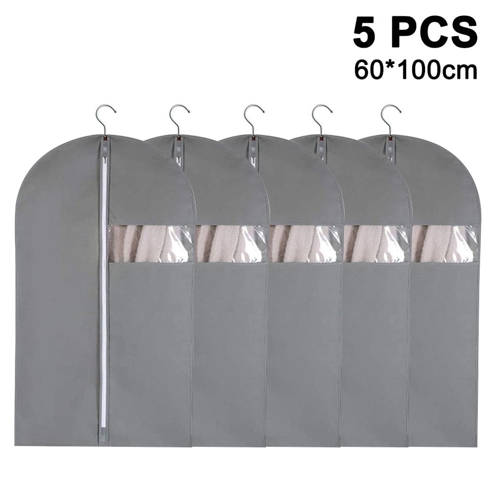 Set of 5 Hanging Garment Bags for Storage Breathbale Suit Cover for Closett Dust Suit Cover Protector with Zipper for Suit Coat, Jacket,Grey,60x100cm