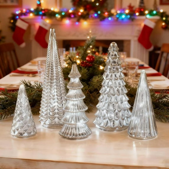 Set of 5 Illuminated Mercury Acrylic Christmas Trees, LED Tabletop Silver Tree Figurines, Holiday Mantel Centerpiece Décor, 3.5"-14", Silver, Trees