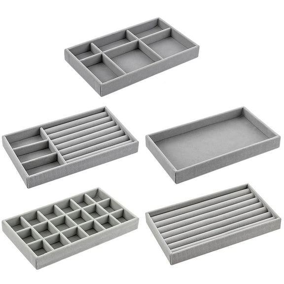 Set of 5 Jewelry Organizer, Jewelry Trays for Drawers, Stackable, Divided, and Perfect for Rings, Necklaces, Bracelets, Earrings, Grey