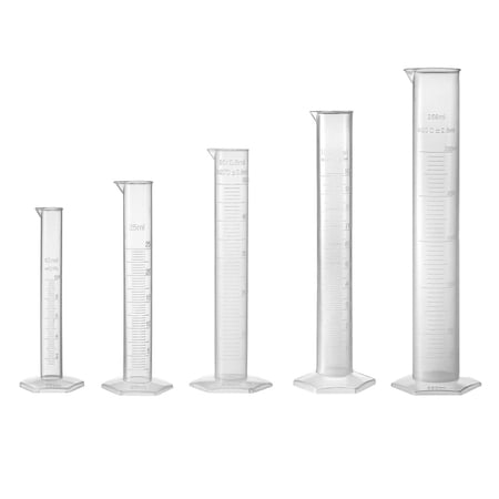 Set of 5 Laboratory Measurements Clear White Plastic Hex Base Graduated Cylinder