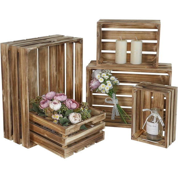 Set of 5 Nesting Wooden Crates with Handles in Rustic Torched Brown