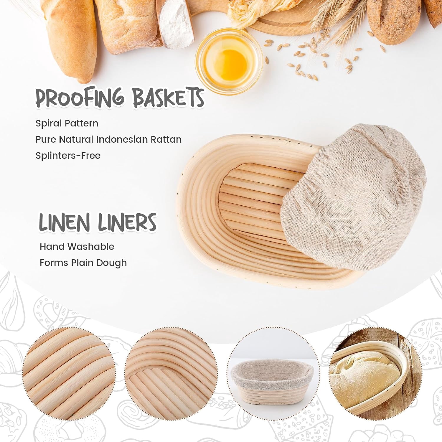 Set of 5 Oval Proofing Baskets, 6.5 Inch Rattan Bread Rising with Linen ...