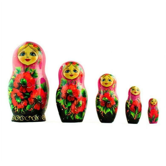 Set of 5 Pink Scarf with Poppy Flowers Nesting Dolls 7 Inches