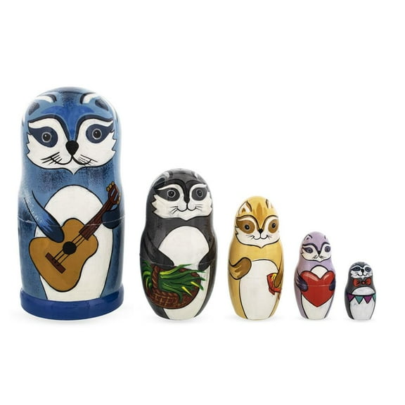 Set of 5 Raccoon Family Wooden Nesting Dolls 6 Inches