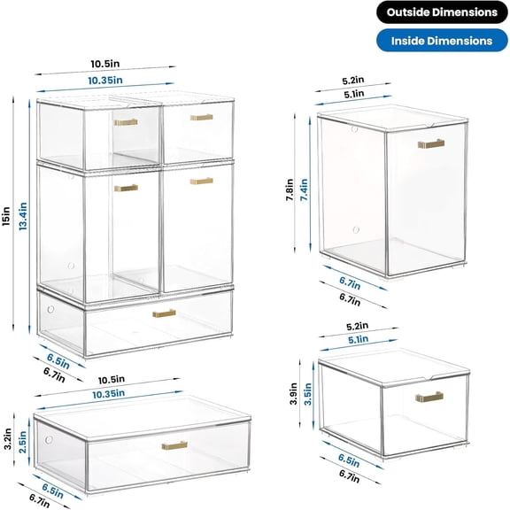 Set of 5 Stackable Storage Drawers, Clear Acrylic Organizer Bins for Beauty Supplies