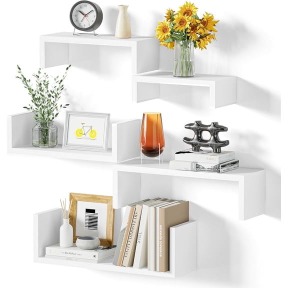 Set of 5 Washed White Wood Wall Shelves, Floating Display Racks for Bedroom, Kitchen, Bathroom, and Office Décor