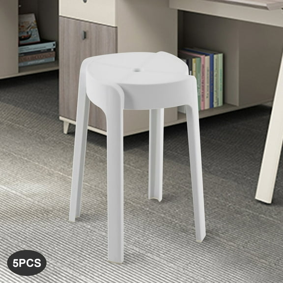 Set of 5 White Stackable Plastic Stools - 18'' Minimalist Kitchen Bar Chairs
