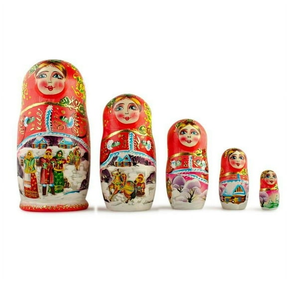 Set of 5 Winter Night Wooden Nesting Dolls 6.5 Inches