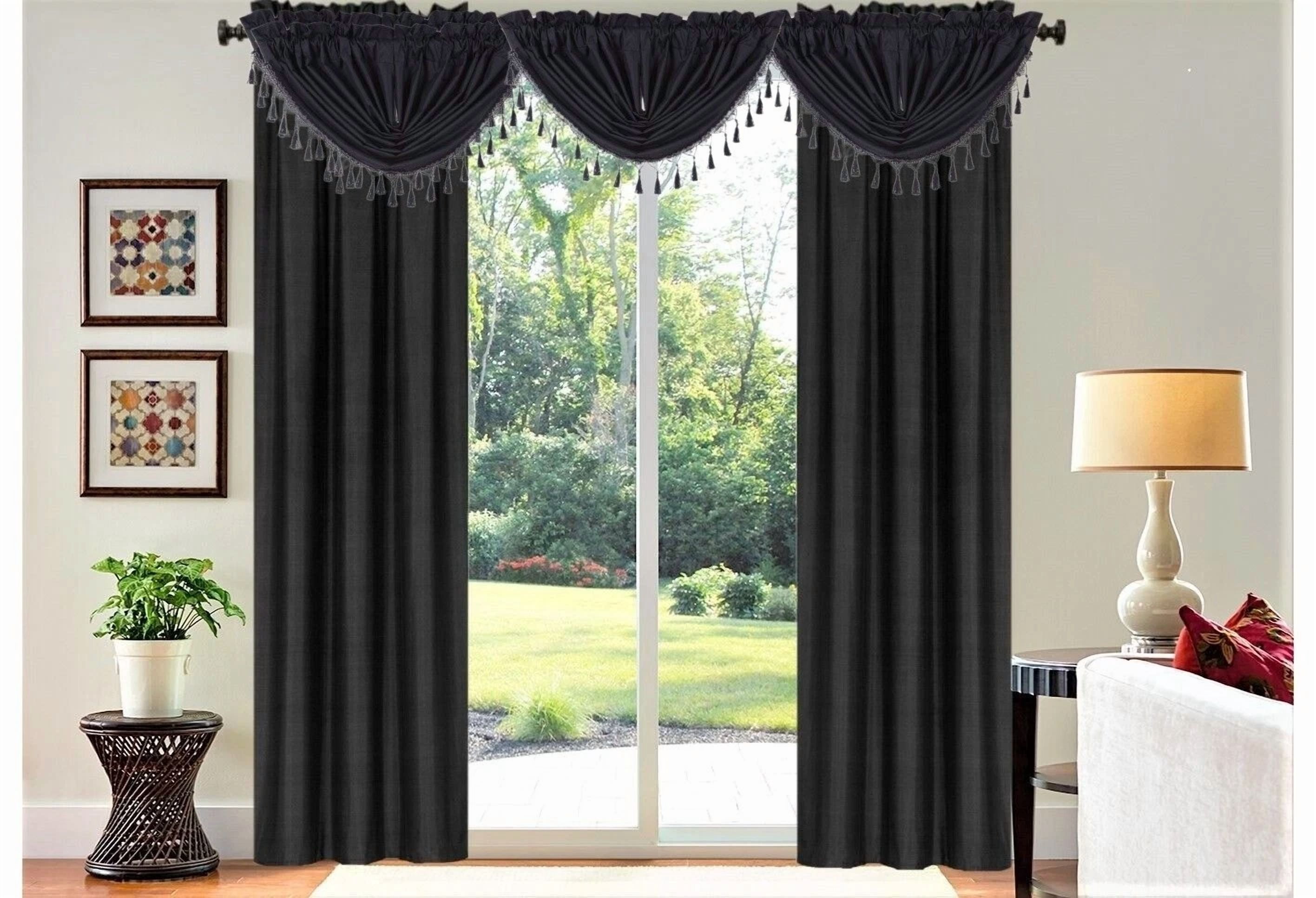 Gorgeous Home Linen 5-Piece Black Blackout Microfiber Curtain Set with 2 Panels and 3 Waterfall Valances R64 84"
