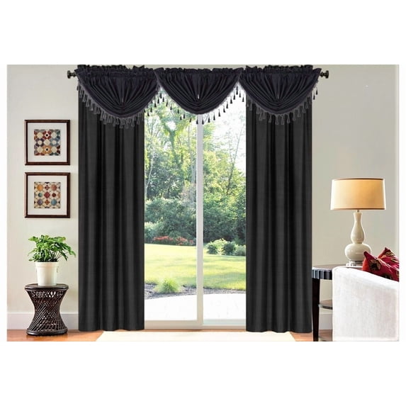 Gorgeous Home Linen 5-Piece Black Blackout Microfiber Curtain Set with 2 Panels and 3 Waterfall Valances R64 84"