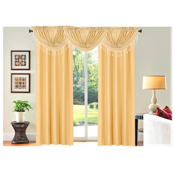Gorgeous Home Linen 5-Piece Gold Blackout Microfiber Curtain Set with 2 Panels and 3 Waterfall Valances R64 84"