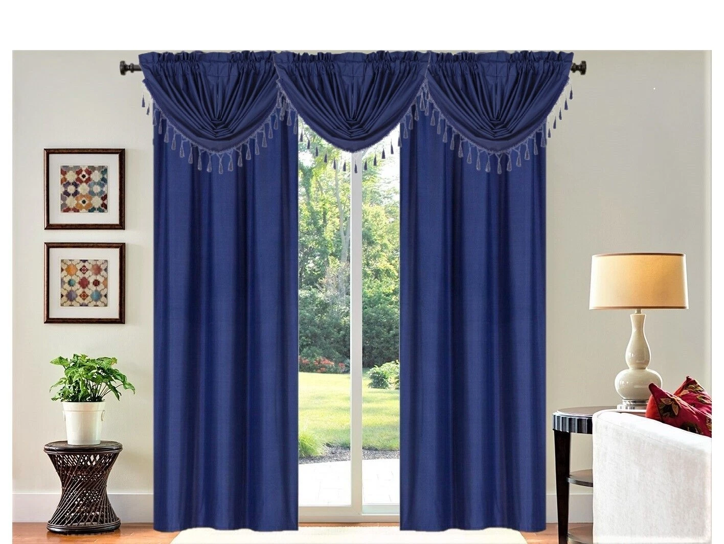 Gorgeous Home Linen 5-Piece Navy Blue Blackout Microfiber Curtain Set with 2 Panels and 3 Waterfall Valances R64 84"