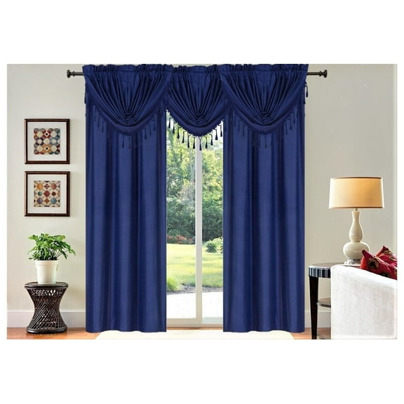 Set of 5 piece 2 panels R64 and 3 matching waterfall valances NAVY color blackout lined window curtain for living room, bedroom, sliding door décor