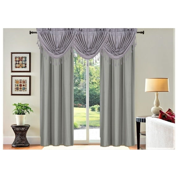 Set of 5 piece 2 panels R64 and 3 matching waterfall valances SILVER color blackout lined window curtain for living room, bedroom, sliding door décor