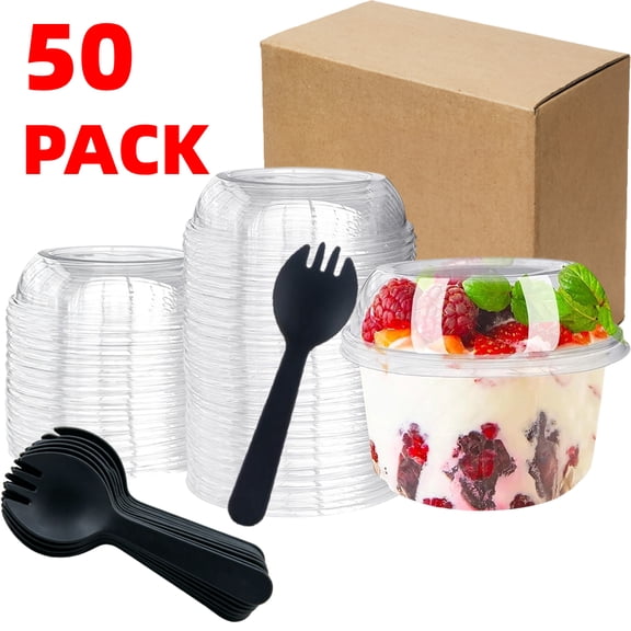 Set of 50, 12 oz Plastic Dessert Cups with Lids and Spoons, Banana Pudding Cups with Lids PET Mini Dessert Shooters for Party Supplies