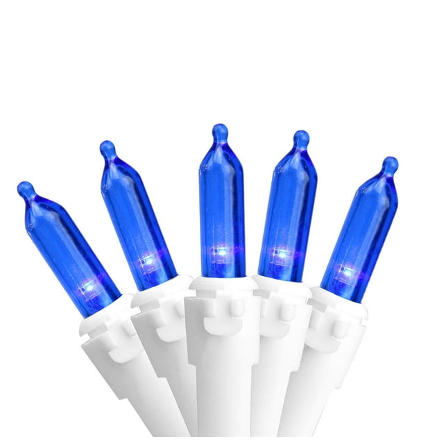 Set of 50 Blue LED Mini Christmas Lights 4" Spacing - White Wire