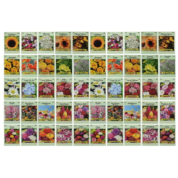 Set of 50 Flower Seed Packets! Flower Seeds in Bulk, 15 or More Varieties Available!